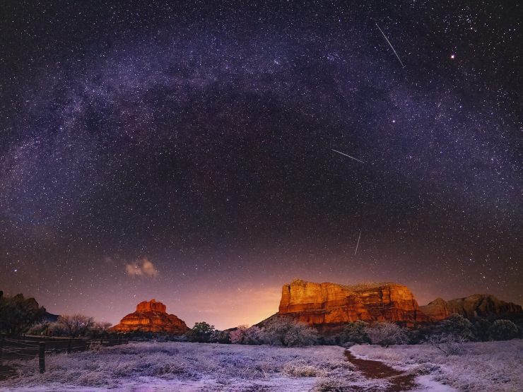 Geminids meteor shower over red rocks of sedona, arizona