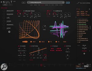 Kult's GUI uses a 2D graphical display to provide a visual representation of each oscillator's waveform. Tracktion Kult software AM FM synthesizer AU VST3