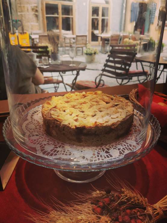 Linzer Torte cake in window of bakery